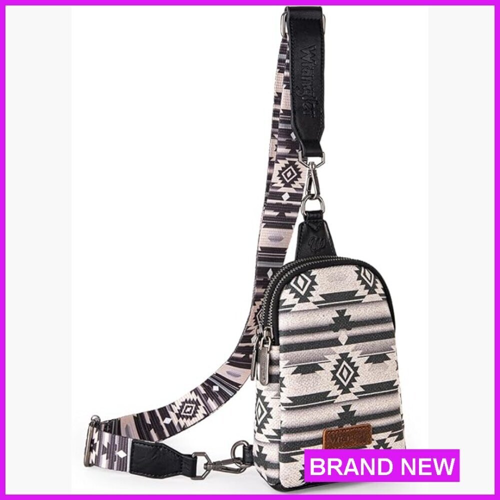 Western Style Sling Bag Crossbody Purse Adjustable Strap Canvas Vegan Leather